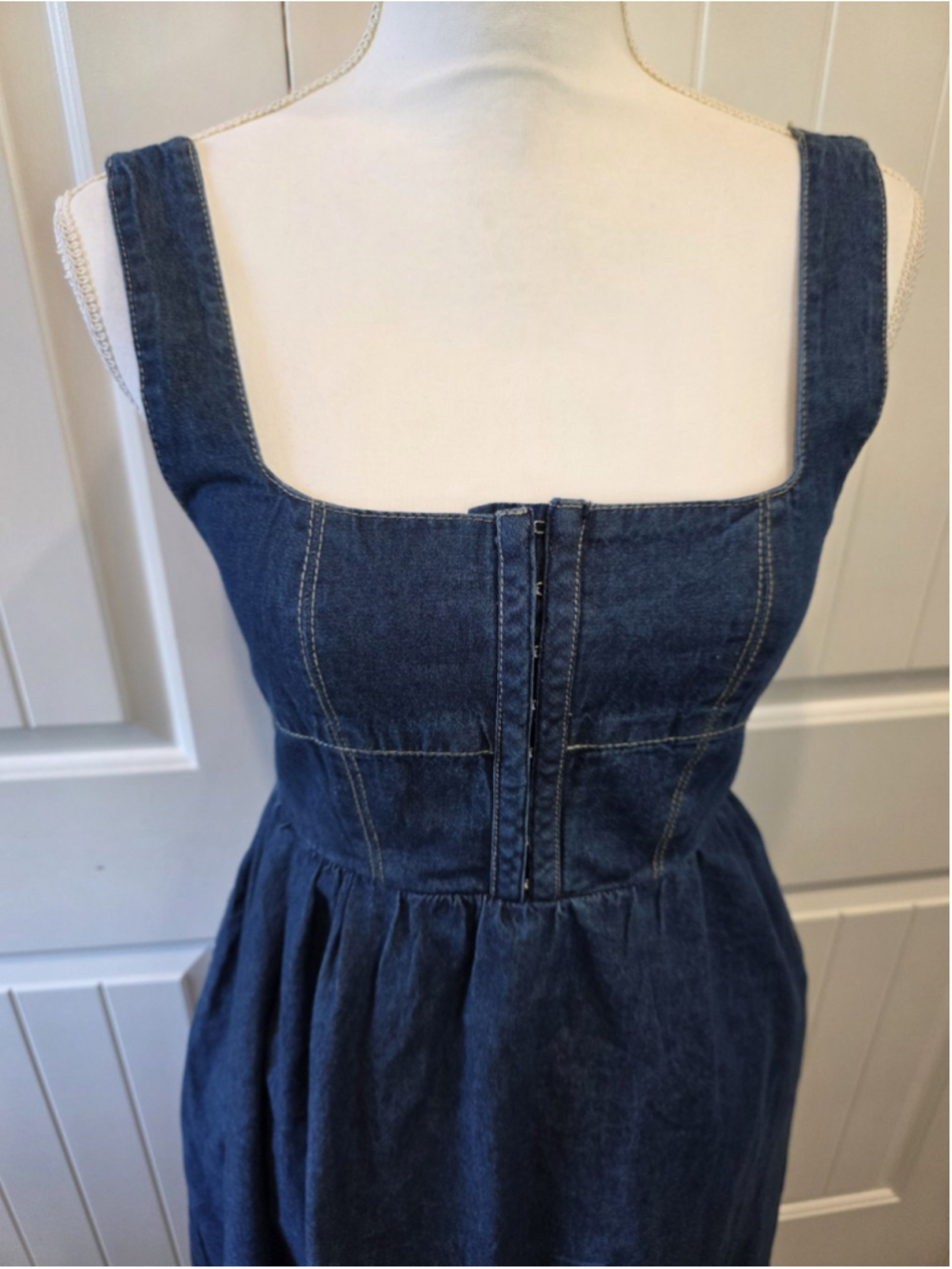 Lone Star Denim Midi Dress Sz XS 100% Cotton Western Prairie Pockets Hook & Eye - Picture 5 of 10